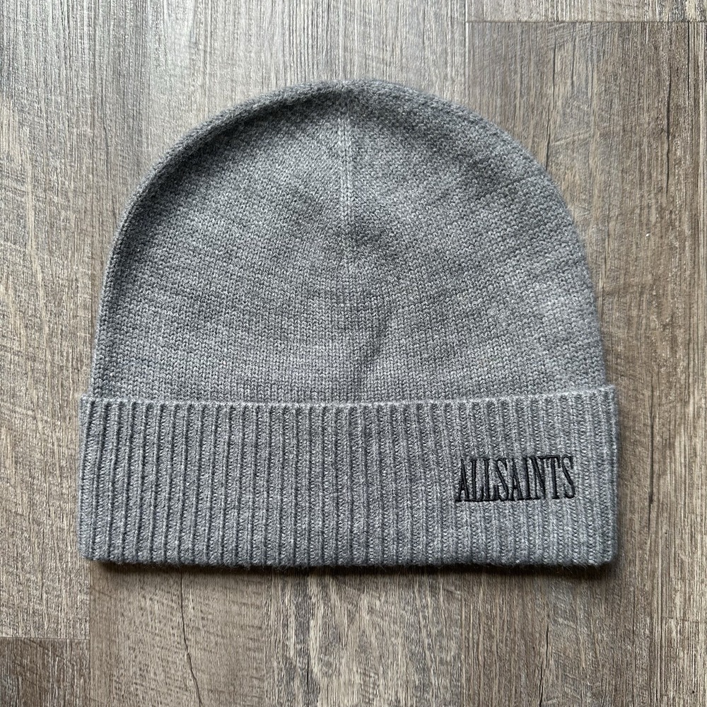 Allsaints Beanie - Embroidered Script Logo - Ribbed Gray Acrylic Wool Blend Unis